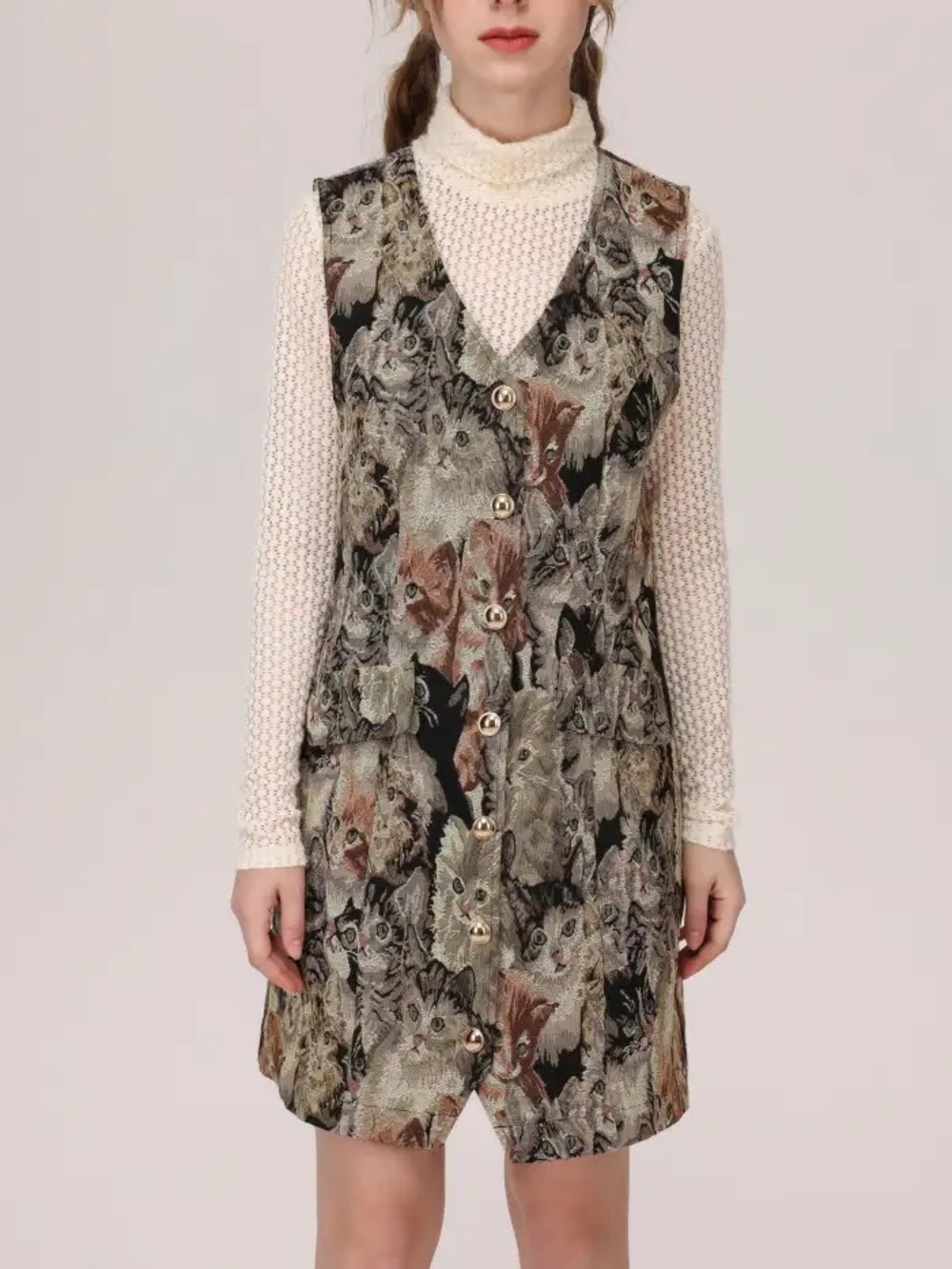 Cider cat printed tapestry button up dress